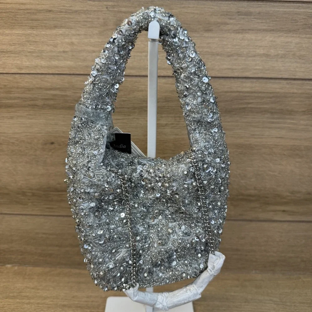 Silver Beaded Mini Bag Black Bow Crystal Sequin Sparkle Party Purse India
